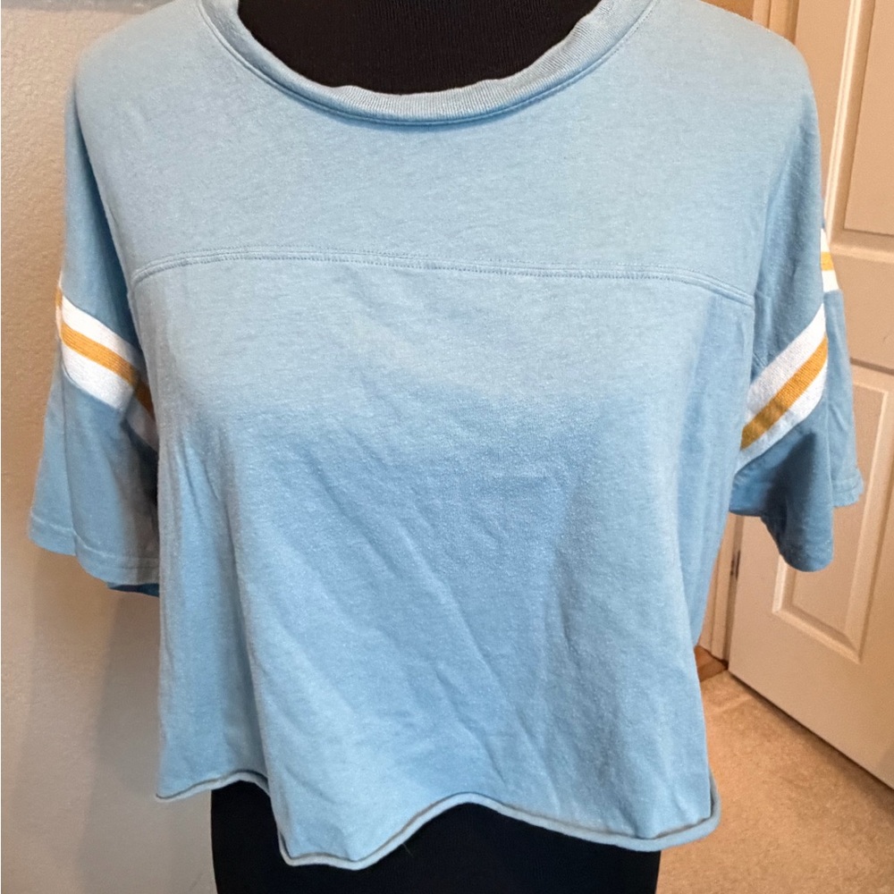 Wild Fable Light Blue Crop Top with Yellow and White Stripes